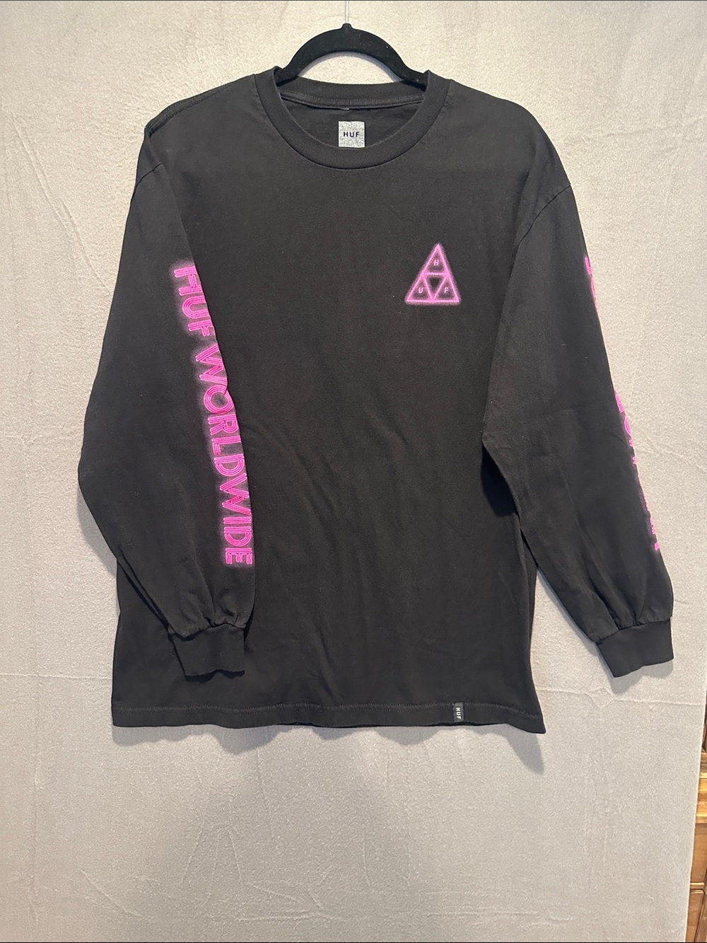 HUF Black Long Sleeve Tee with Neon Pink Logo and Sleeve Script